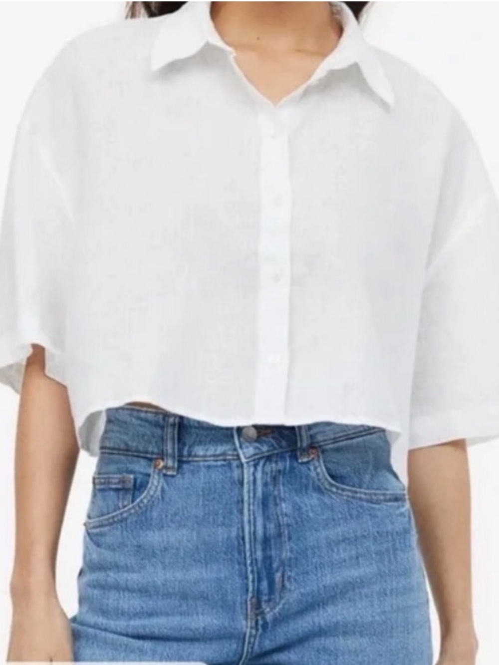 H&M Cropped Boxy Short Sleeve Button-Up Shirt NEW Linen Blend Coastal Size Small